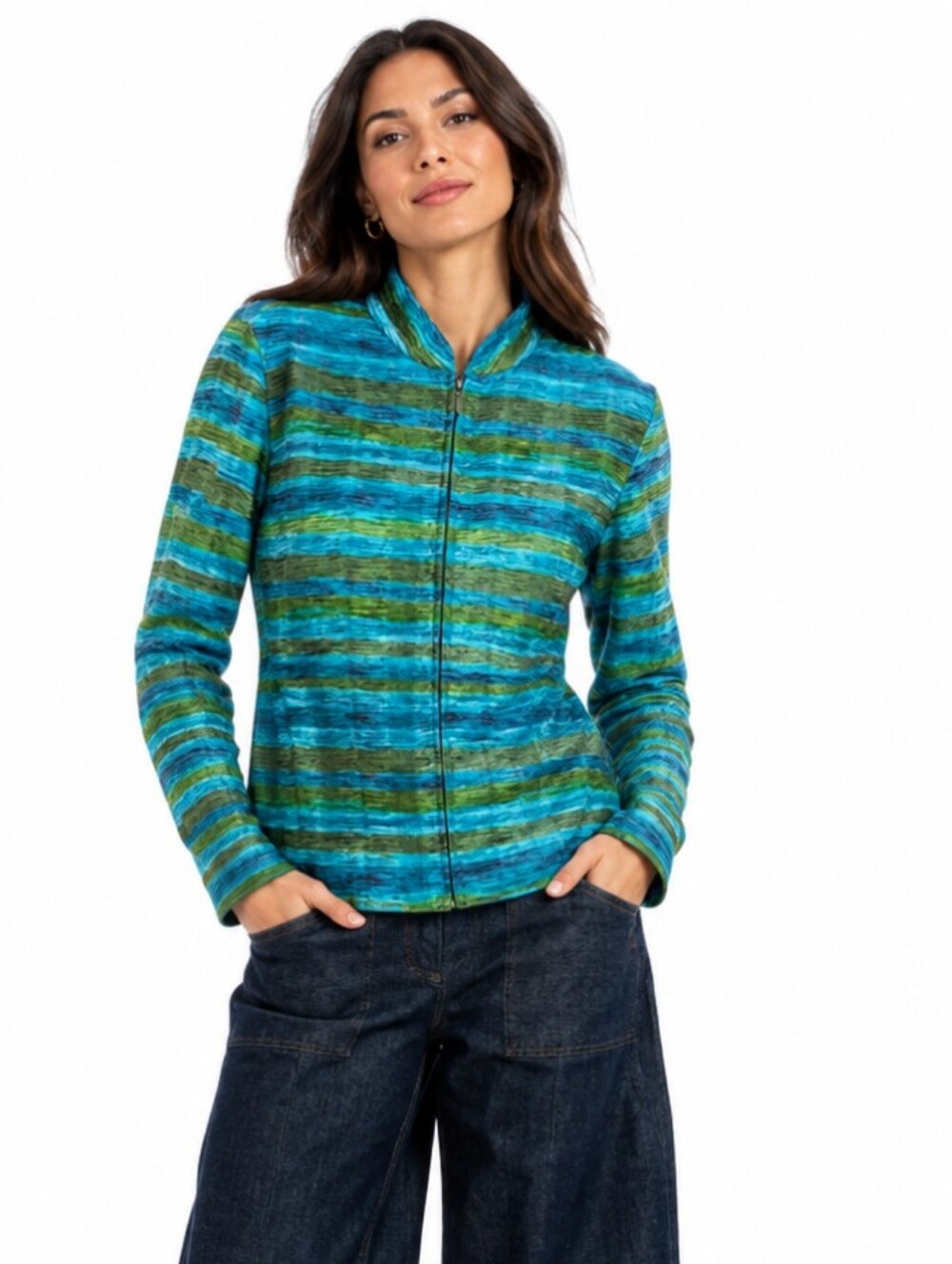 Crinkled Satin Zip Front Blazer Jacket Mermaid Coastal Blue Green Striped M